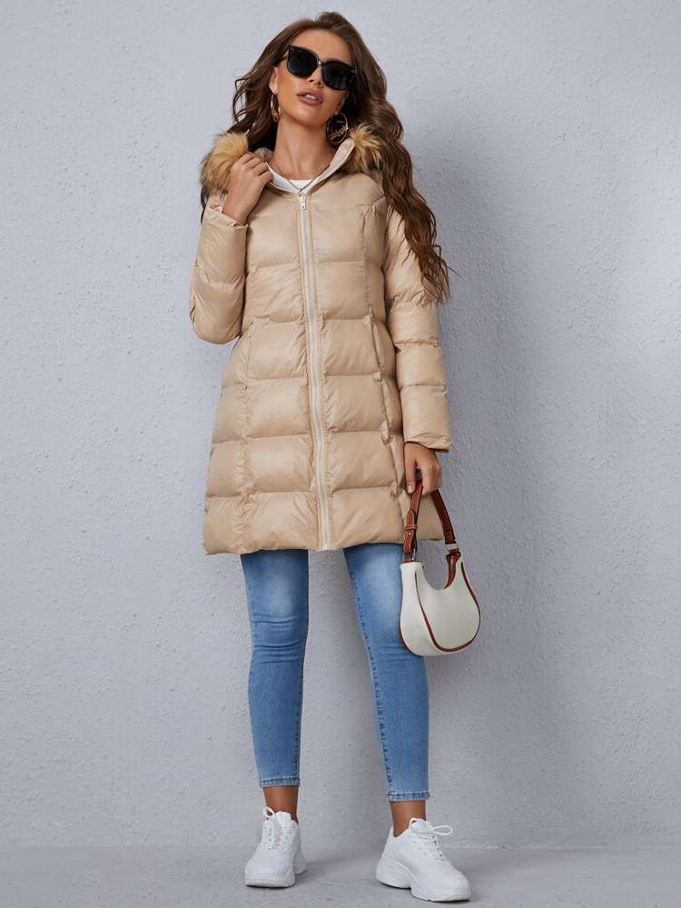 Plain Khaki Regular Fit Casual Women Winter Coats 321