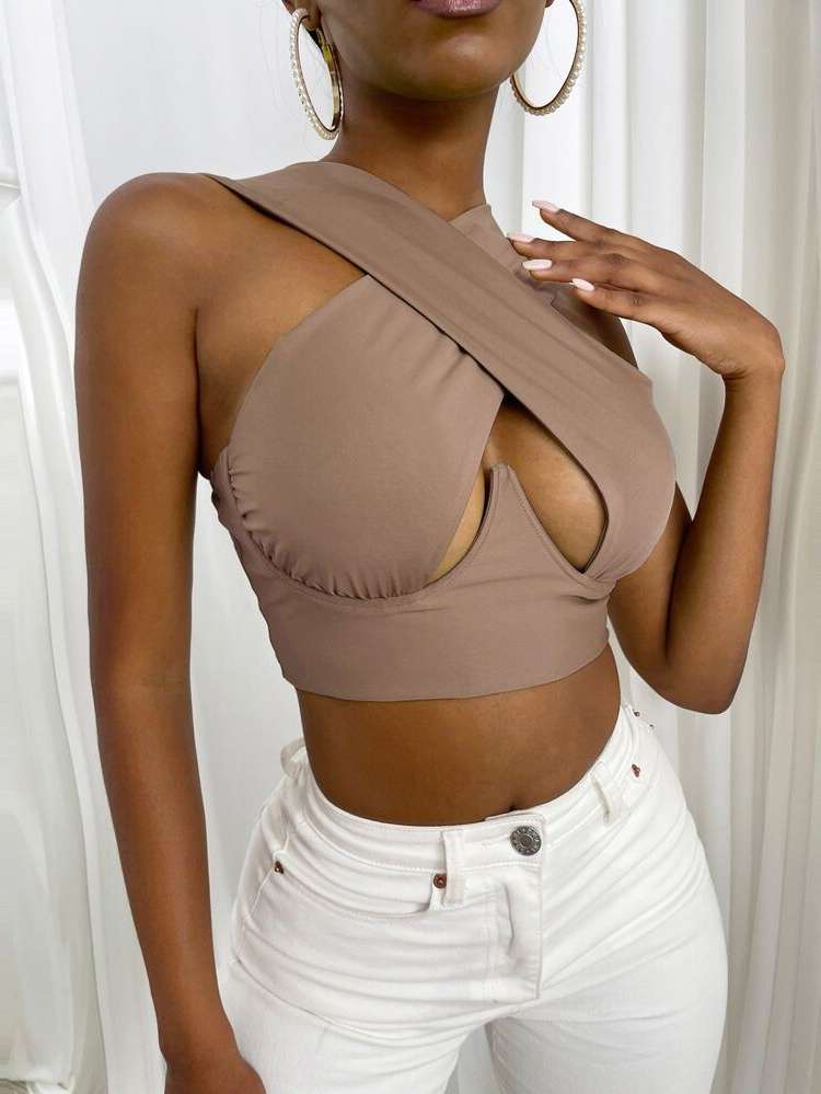  Khaki Crop Slim Fit Women Tops, Blouses  Tee 4950