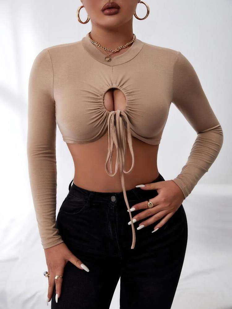 Khaki Plain Sexy Long Sleeve Women Tops 8062