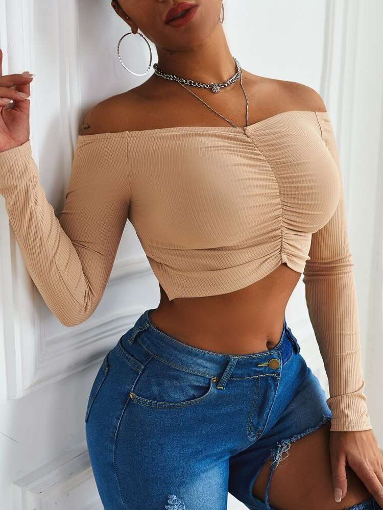 Long Sleeve Khaki Off the Shoulder Women Tops 908