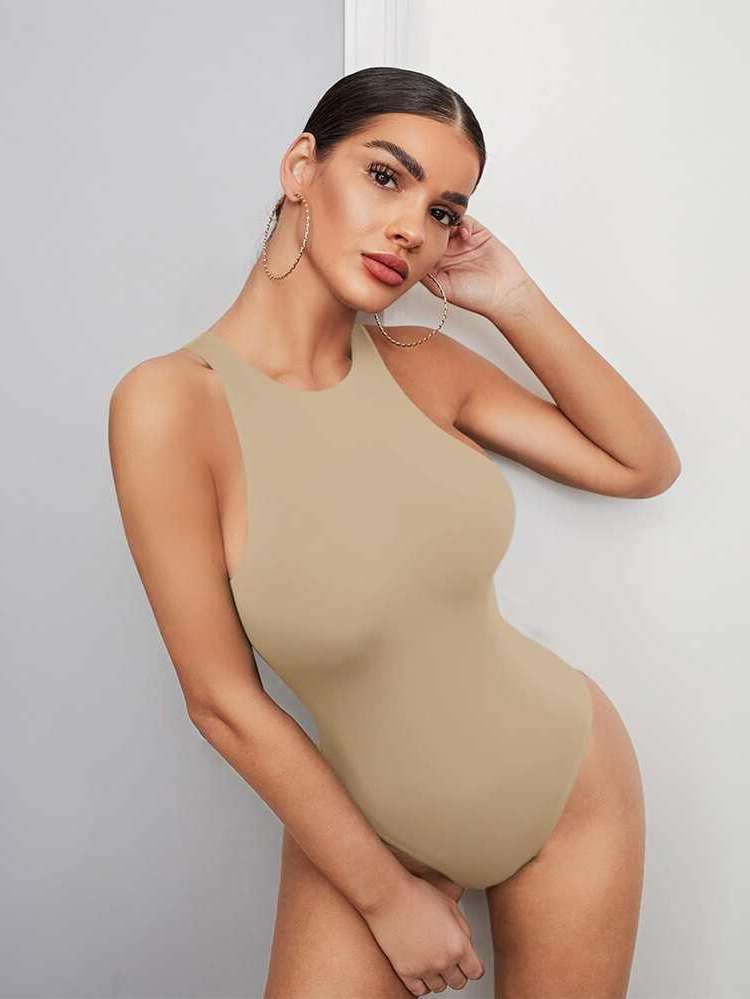  Round Neck Basics Khaki Women Jumpsuits  Bodysuits 2457