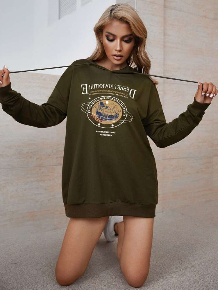 Khaki Oversized Drawstring Women Sweatshirts 5847