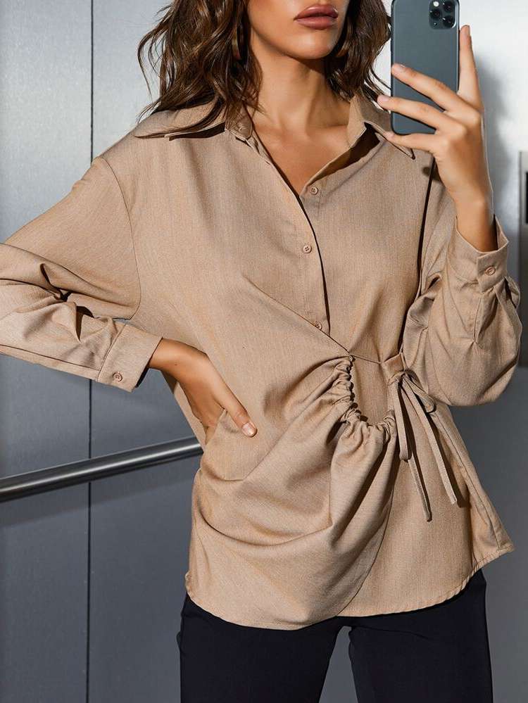 Khaki Plain Drawstring Regular Women Tops, Blouses  Tee 3772