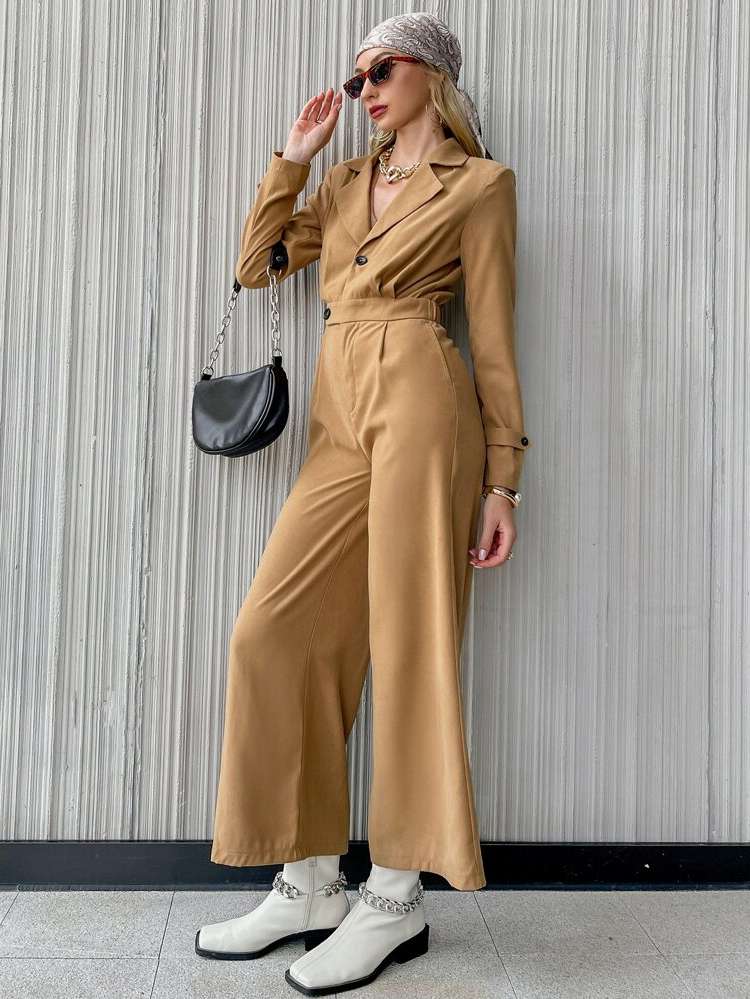 Long Sleeve Khaki Long Belted Women Jumpsuits 9803