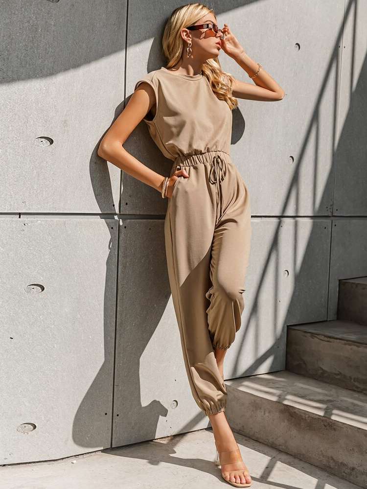 Khaki Capris Casual Round Neck Women Jumpsuits 545