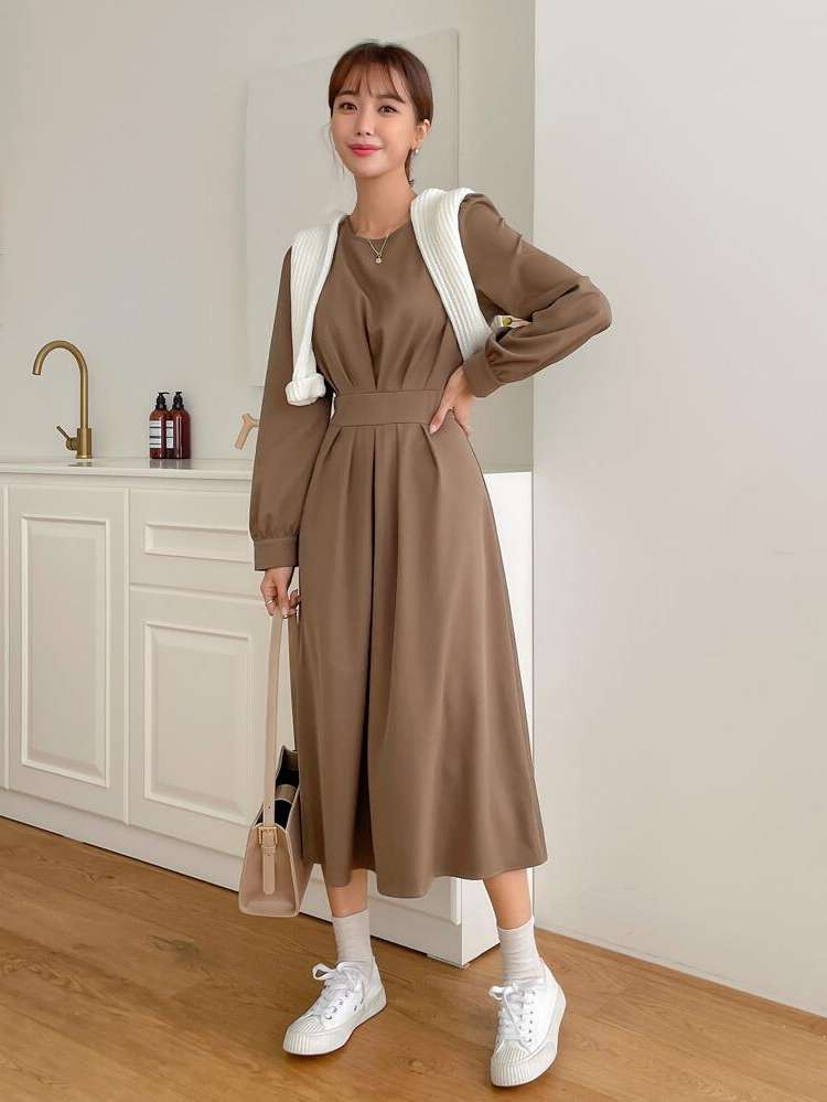 Long Long Sleeve Plain Women Dresses 7647