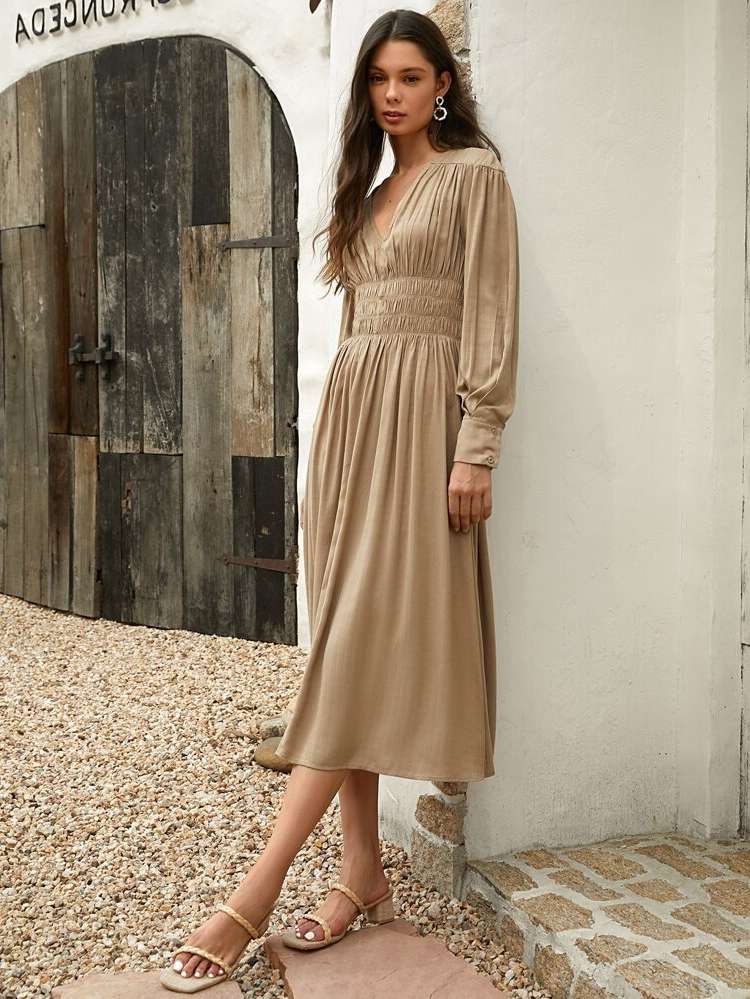 Long Sleeve Long V neck Women Dresses 7060