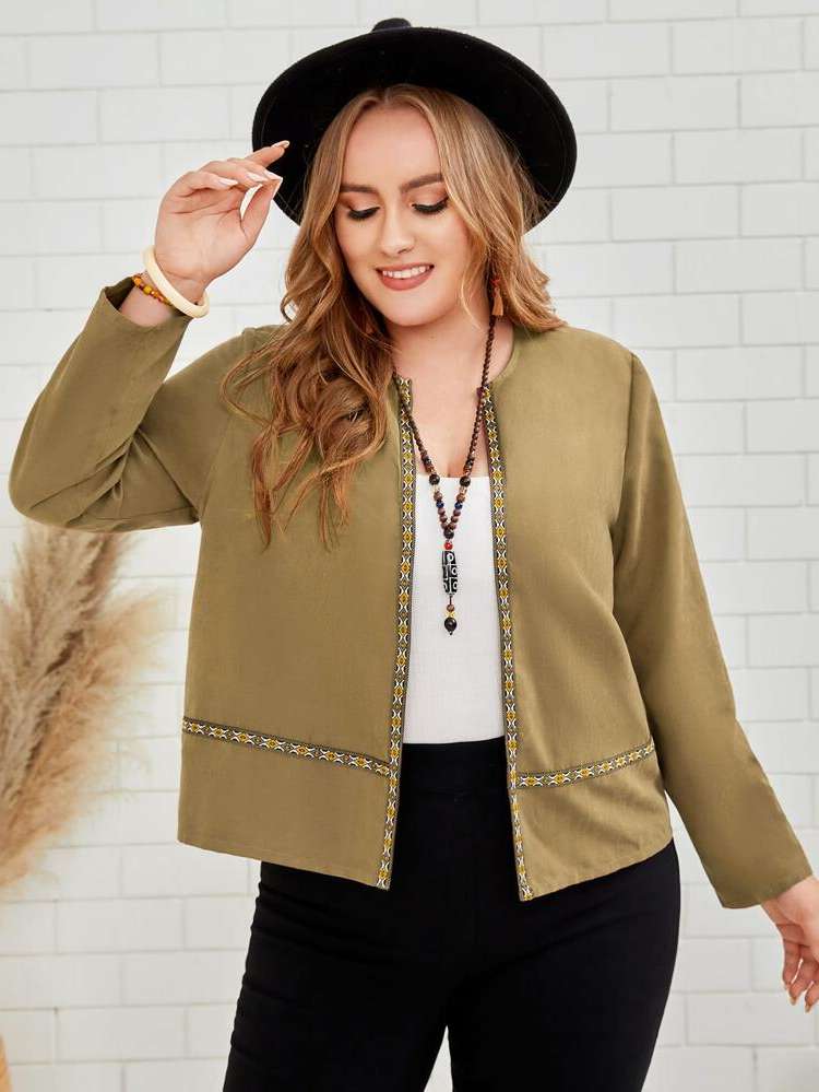 Round Neck Long Sleeve Crop Khaki Plus Size Jackets 6760