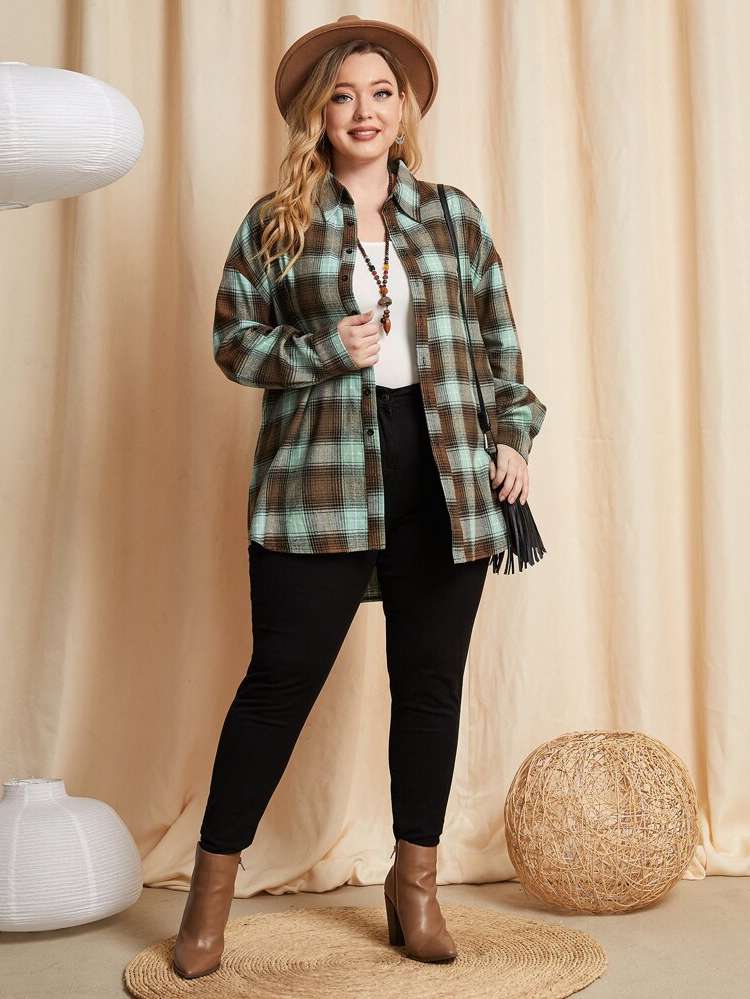 Khaki Plaid Collar Button Plus Size Tops 486