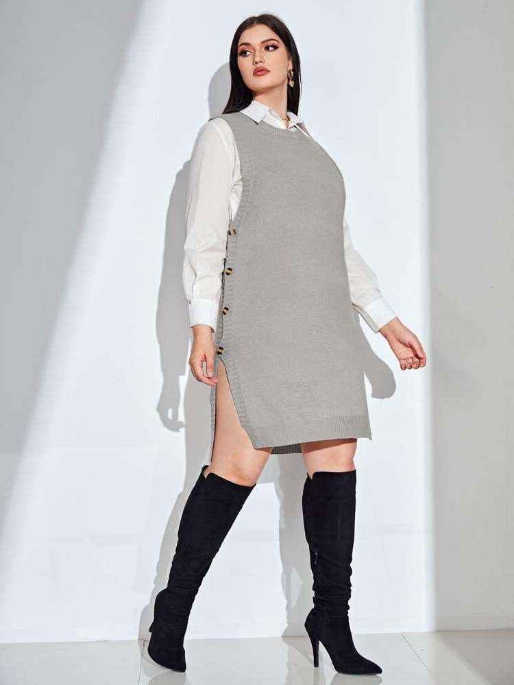 Short Khaki Plain Plus Size Sweater Dresses 2145