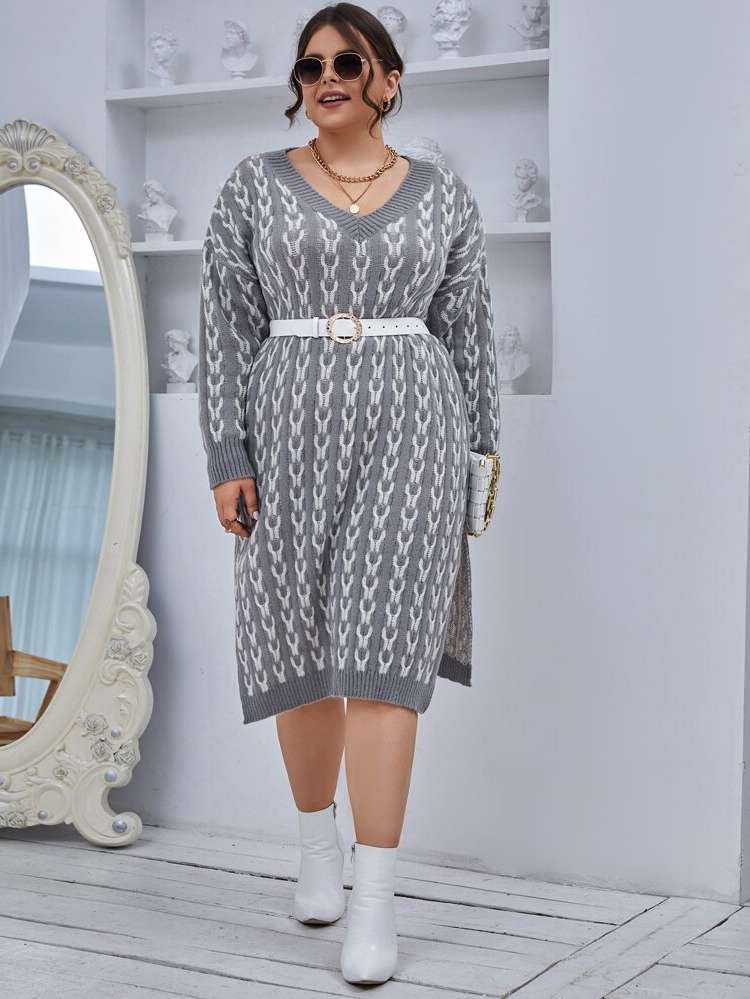 Casual Long Sleeve Midi Plus Size Sweater Dresses 791