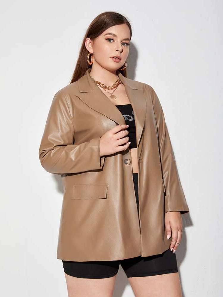 Lapel Fake Pockets Plain Khaki Women Plus Clothing 398