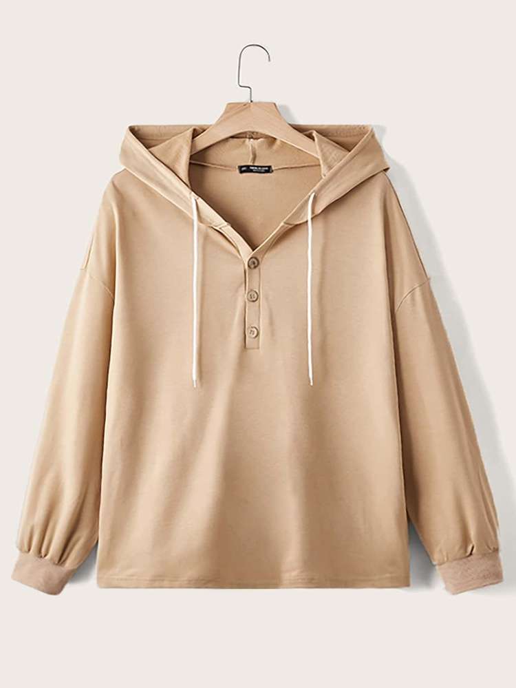  Regular Fit Button Khaki Plus Size Sweatshirts 254