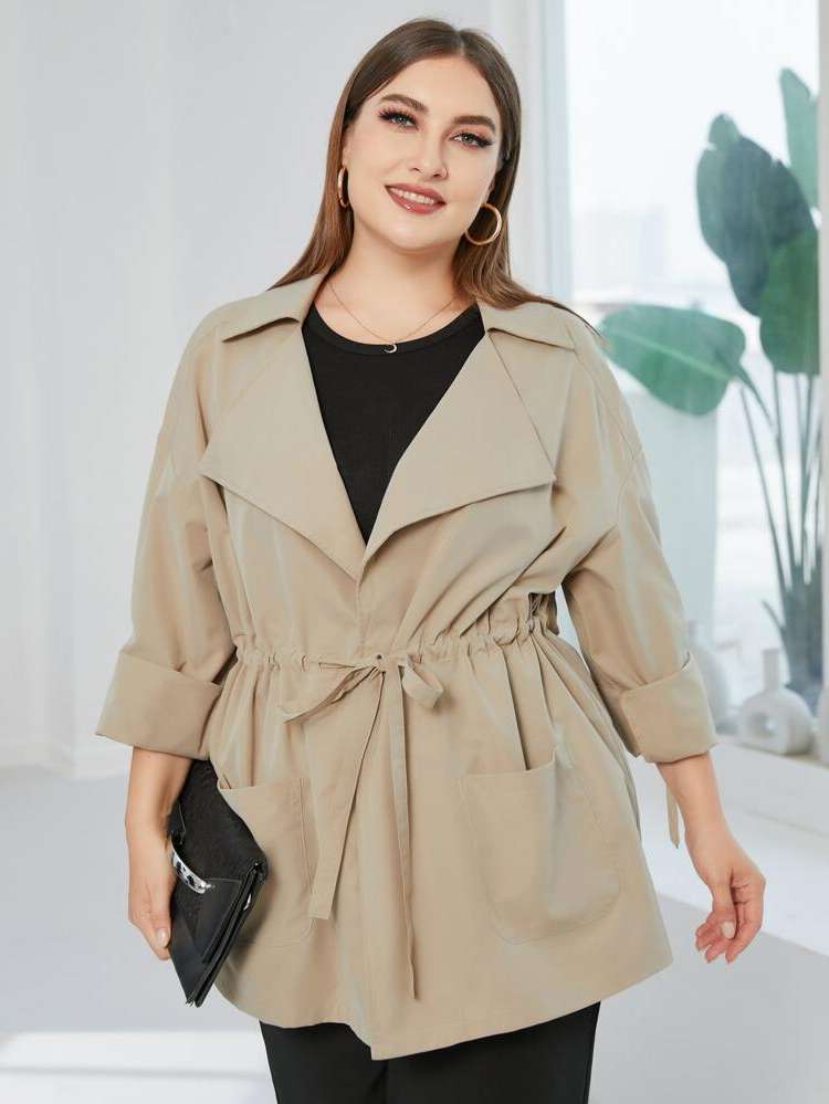 Regular Regular Fit Lapel Khaki Plus Size Trench Coats 6420