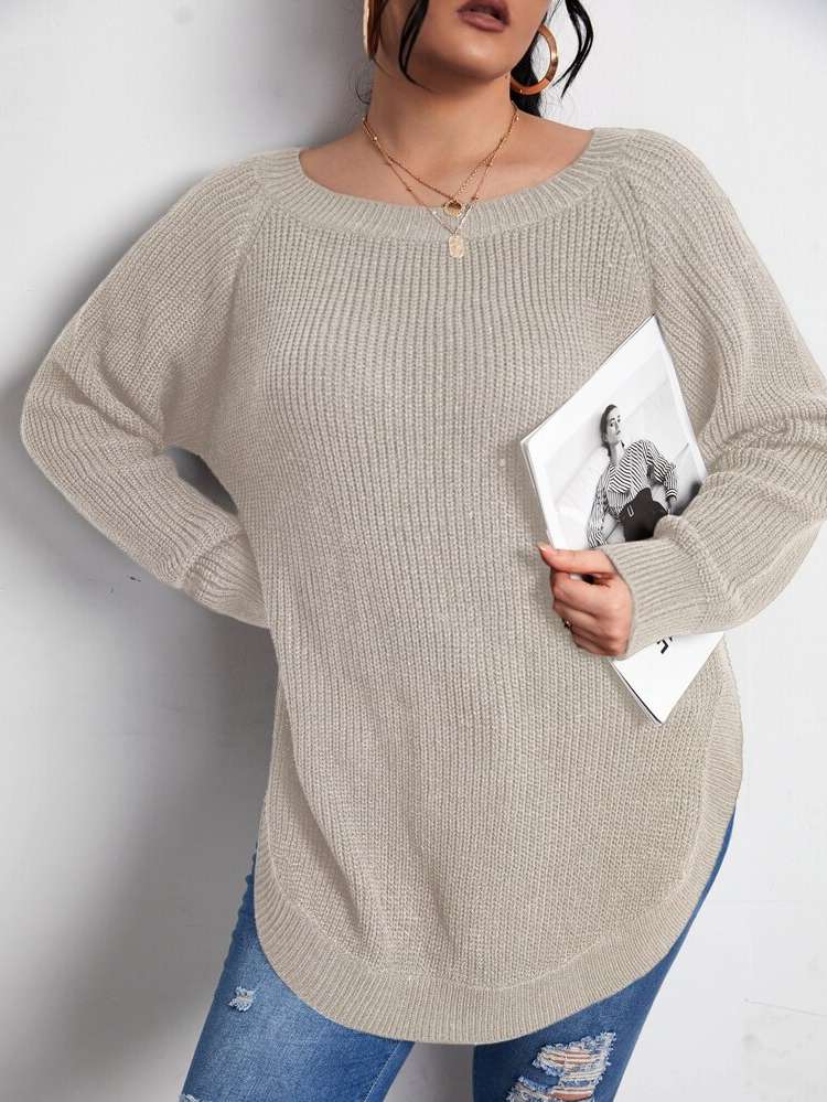 Round Neck Long Plain Long Sleeve Plus Size Sweaters 3594