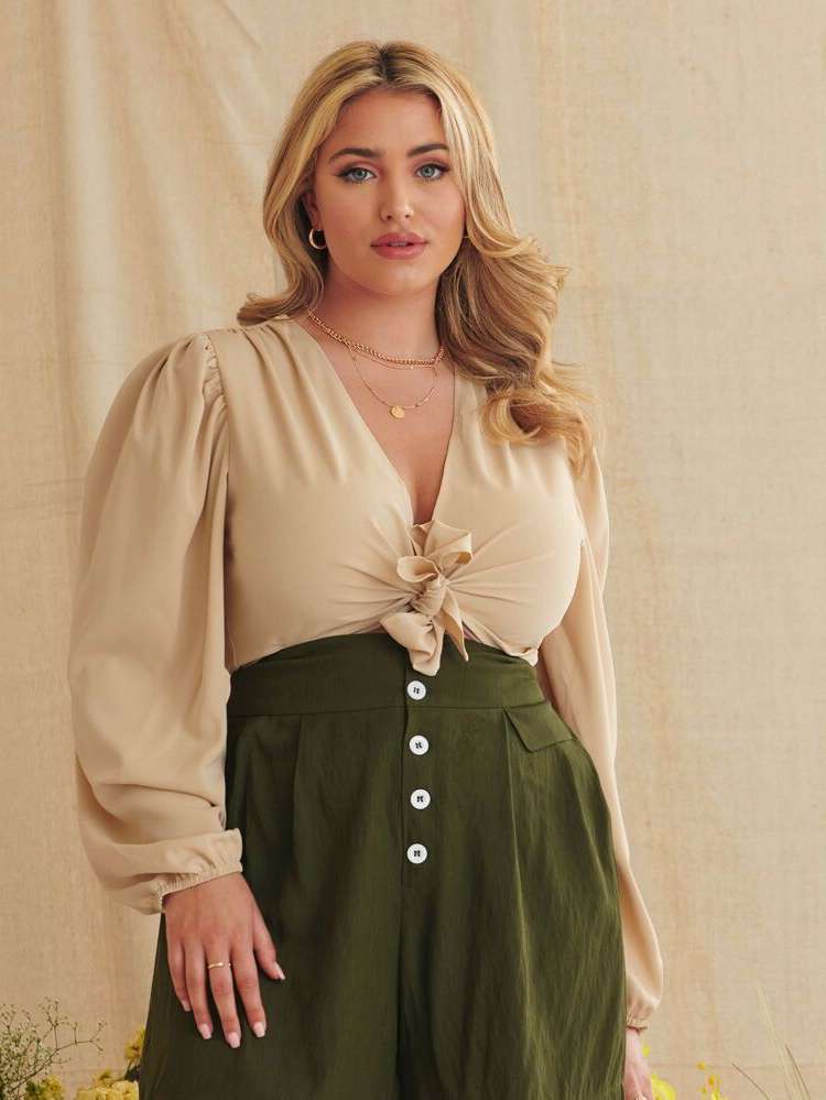  Crop Knot V neck Plus Size Women Tops 5991