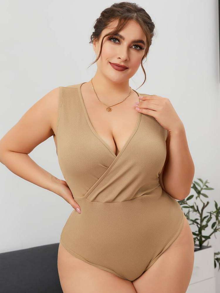  Khaki Deep V Neck Plain Plus Size Jumpsuits  Bodysuits 6021