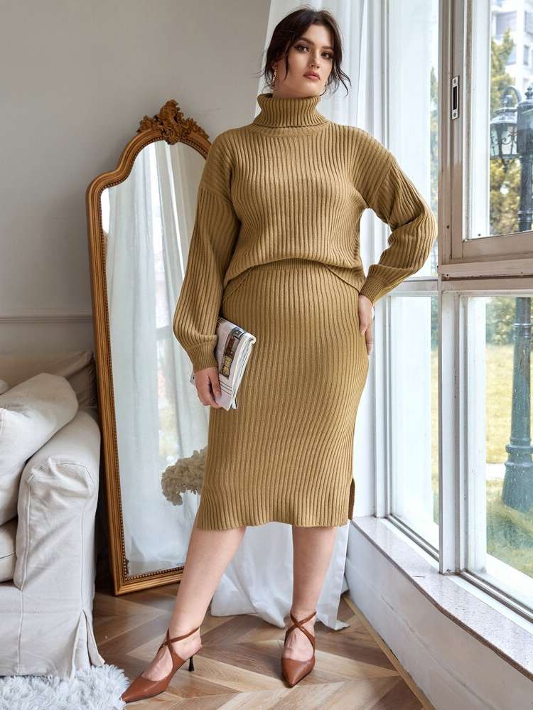 Khaki High Neck Plus Size Sweater Co-ords 8089