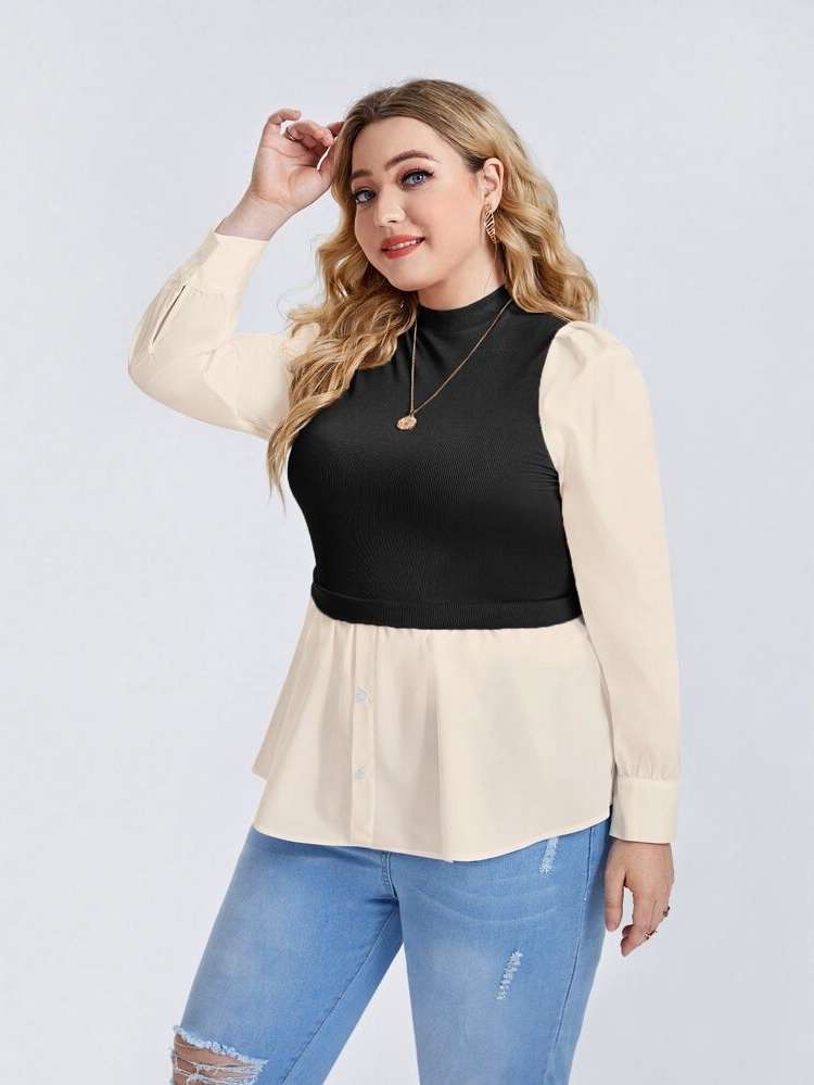 Long Sleeve  Stand Collar Plus Size Tops 648