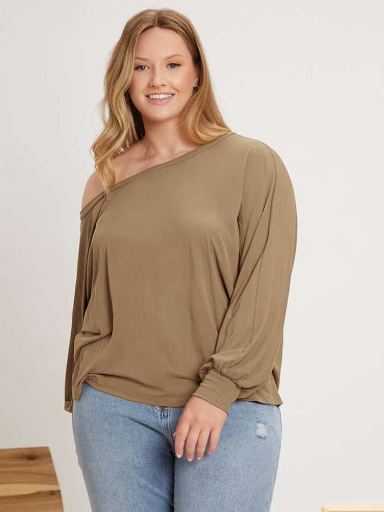  Asymmetrical Neck Long Sleeve Oversized Plus Size Tops 4282