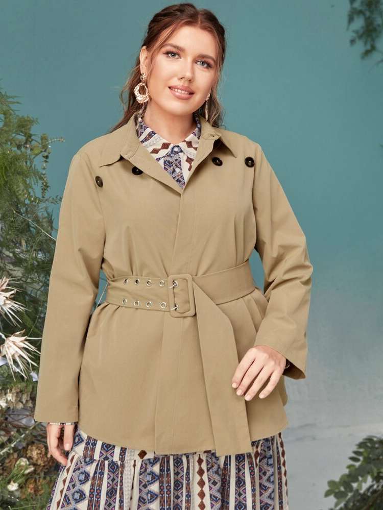 Regular Fit Collar Long Sleeve Elegant Plus Size Trench Coats 634