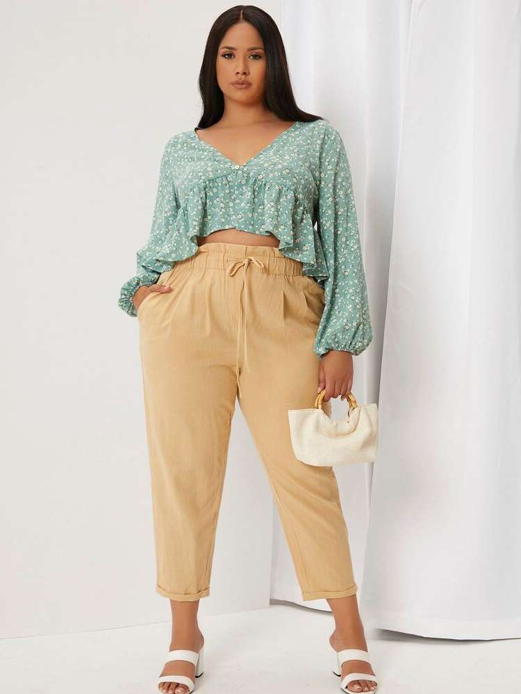  Khaki Plain Plus Size Pants 3201