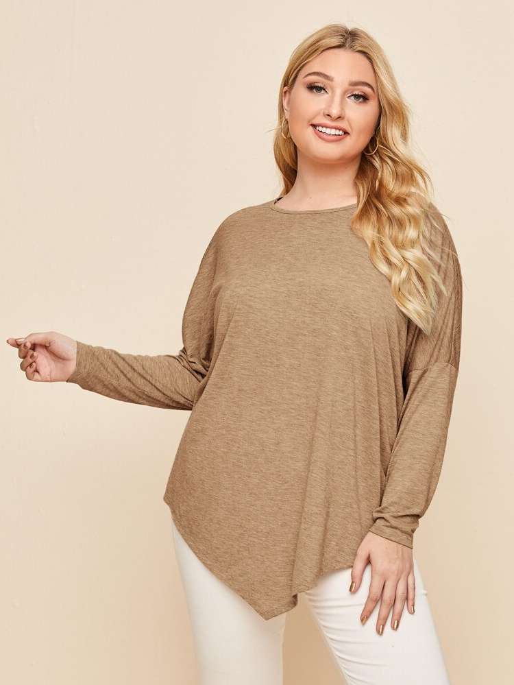 Asymmetrical Long Plain Khaki Plus Size T-shirts 1689