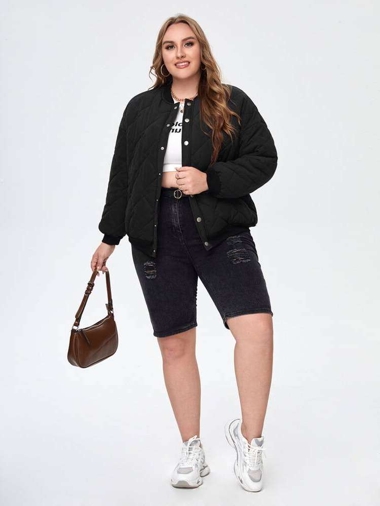  Baseball Collar Pocket Plain Plus Size Winter Coats 2571