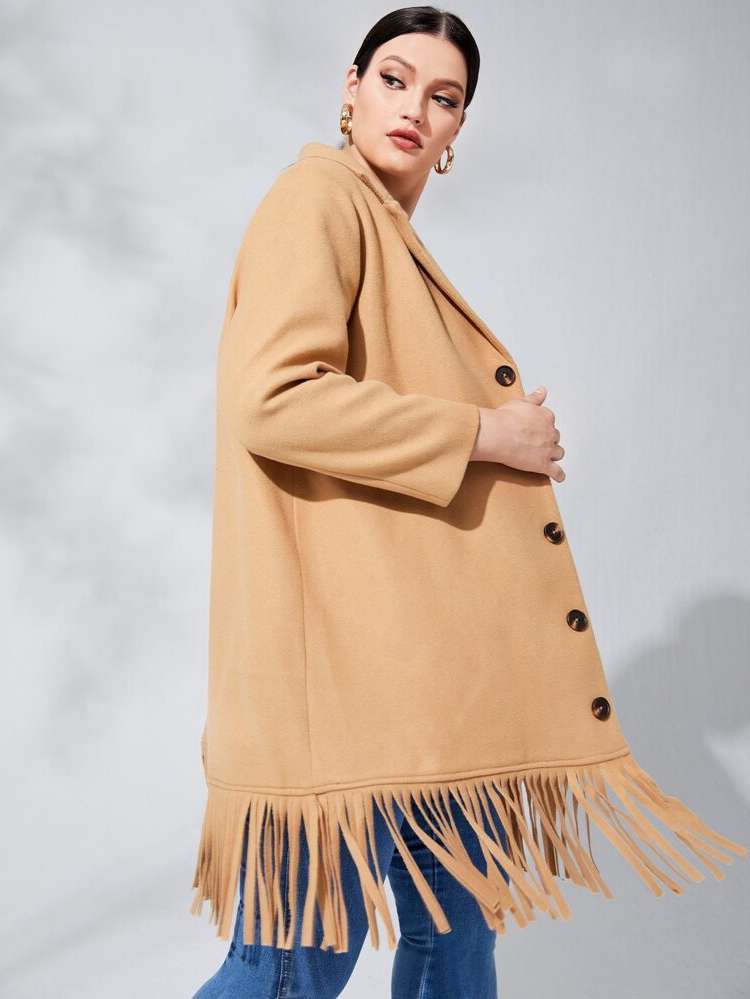 Long Sleeve Khaki Fringe Short Plus Size Outerwears 864