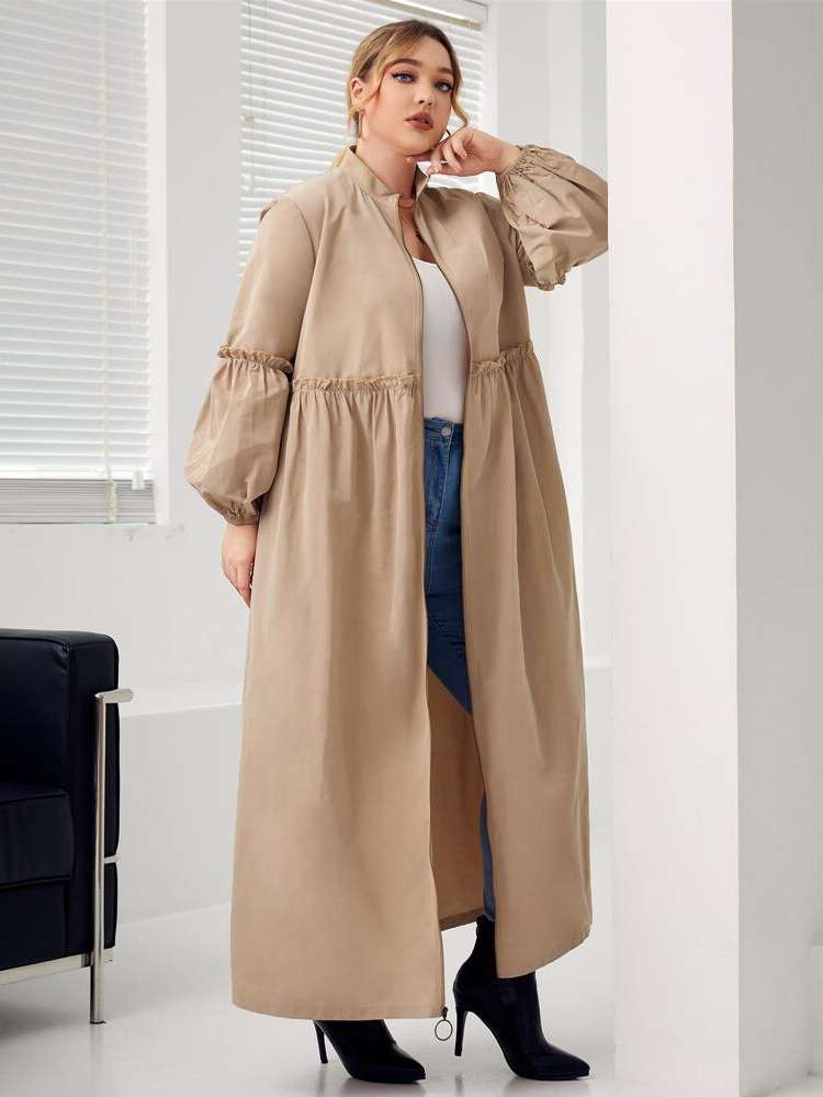 Elegant Khaki Frill Regular Fit Plus Size Coats 8714