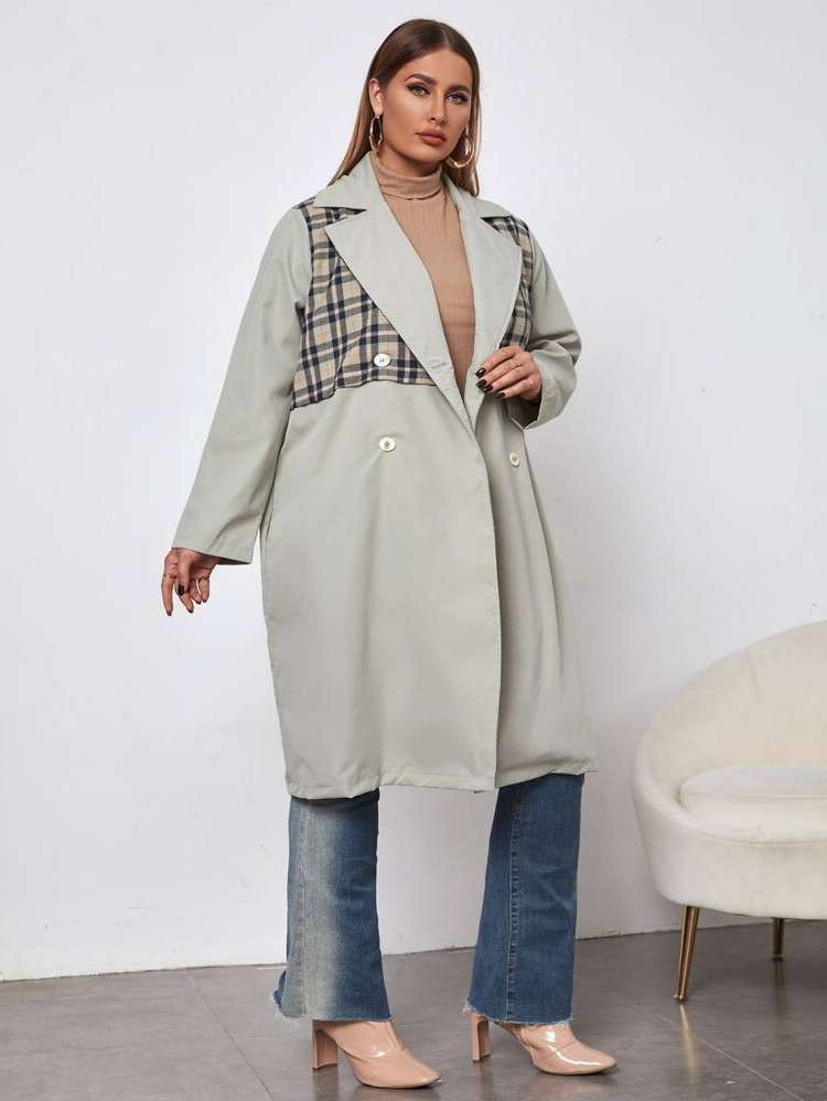 Knee Length Plaid Long Sleeve Lapel Plus Size Outerwears 7421