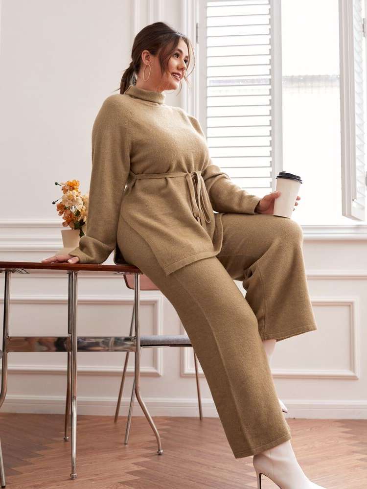 Regular Fit Khaki Plain Plus Size Sweater Co-ords 3285