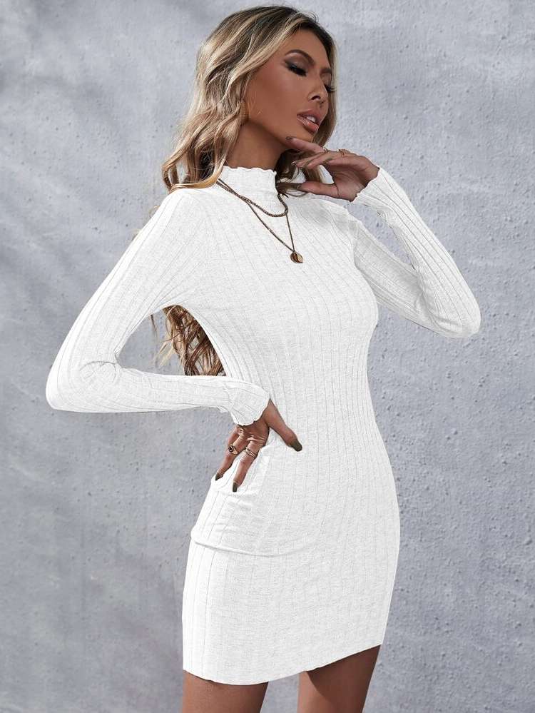 Long Sleeve Plain Lettuce Trim Slim Fit Women Sweater Dresses 774