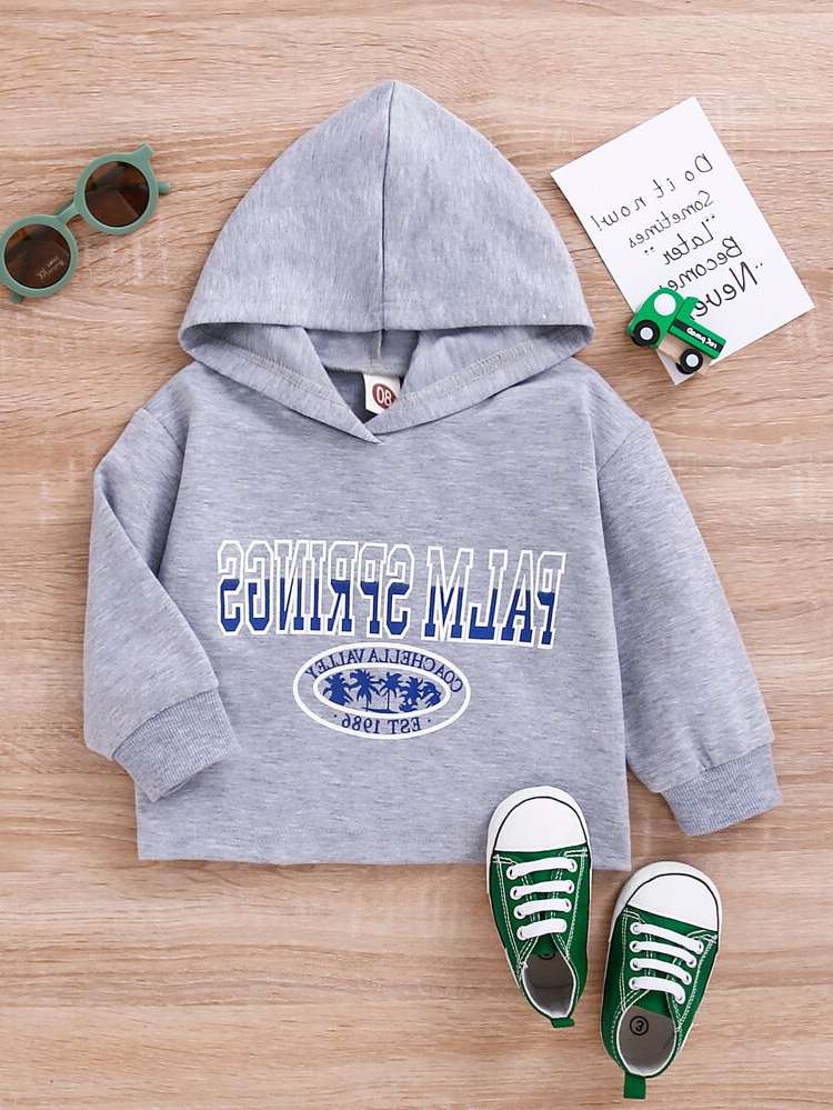 Casual Light Grey Letter Hooded Baby  Mom 8315