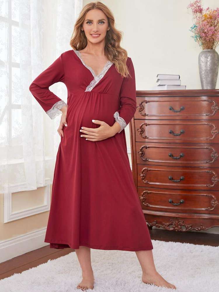 Contrast Lace Plain V neck Maternity 353