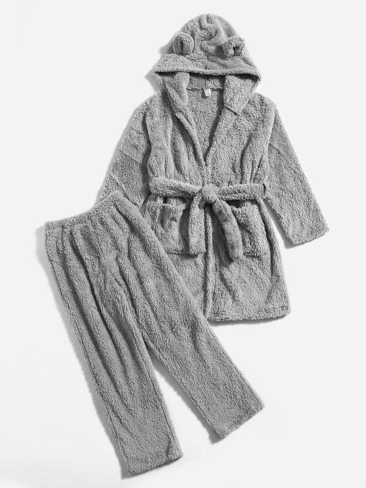 Light Grey Cute Hooded Plain Kids Underwear  Sleepwear 332