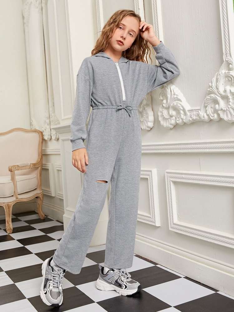 Light Grey Knot Regular Fit Hooded Girls Clothing 402