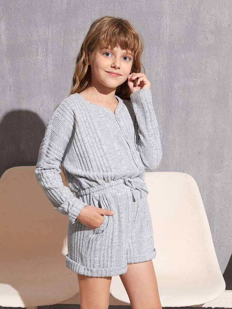 V neck Long Sleeve Casual Girls Two-piece Outfits 8580