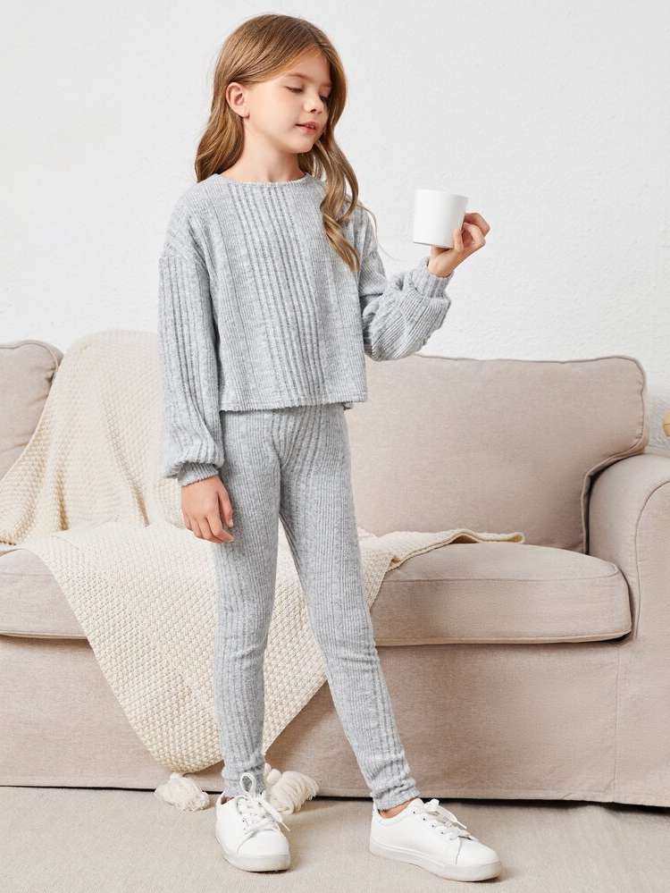 Light Grey Casual Plain Girls Two-piece Outfits 3707