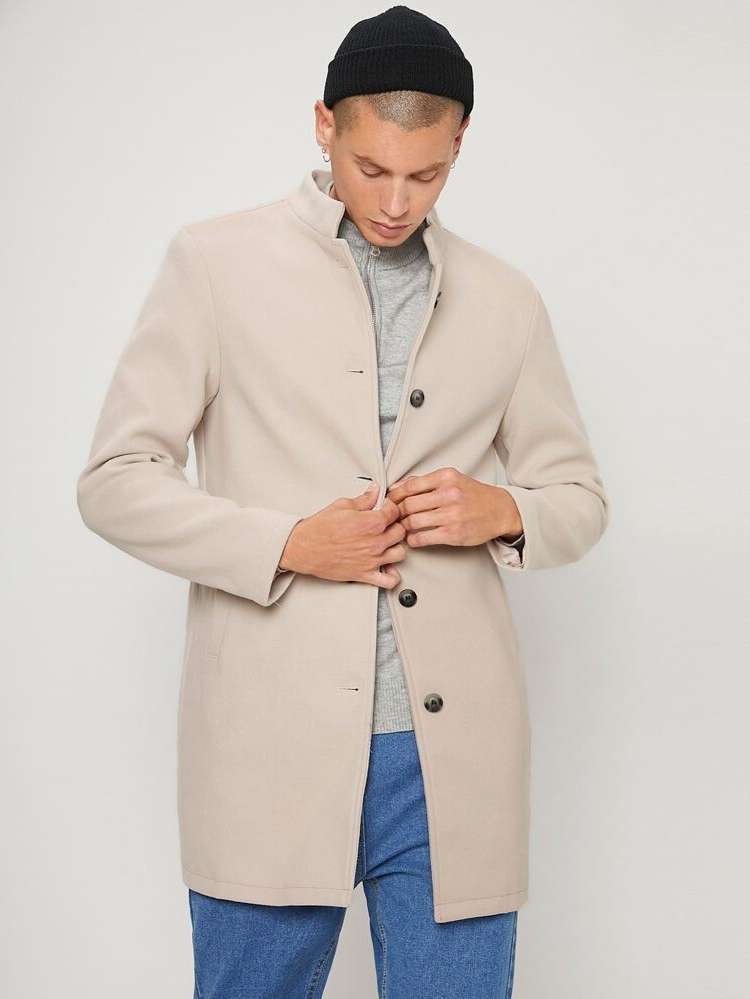 Long Sleeve Regular Fit Stand Collar Plain Men Overcoats 6396