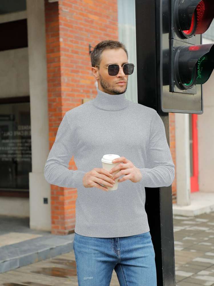 Plain Casual High Neck Men Knitwear 8876