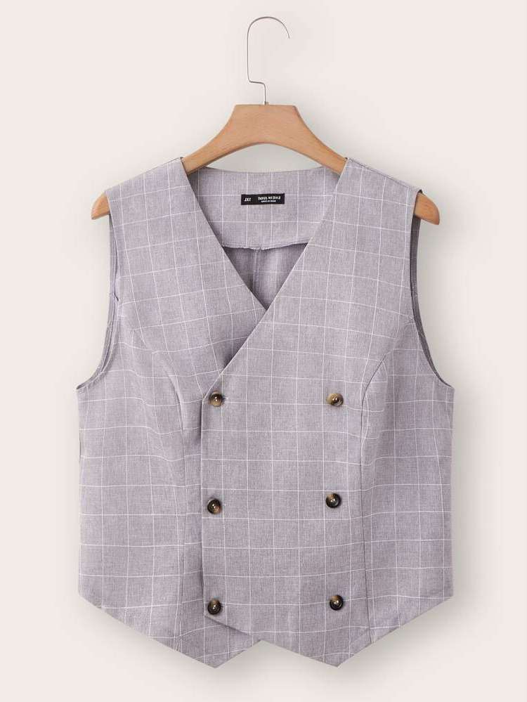 Casual Plaid Light Grey Sleeveless Plus Size Blazers 9384