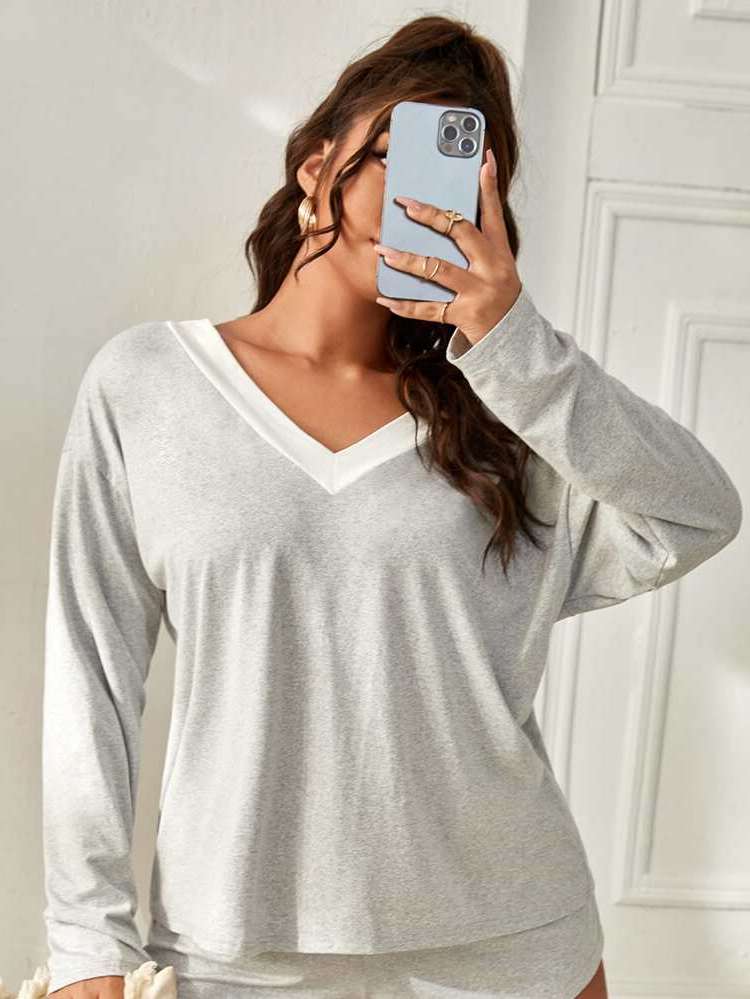  Plain V neck Long Sleeve Women Plus Sleep  Lounge 7400