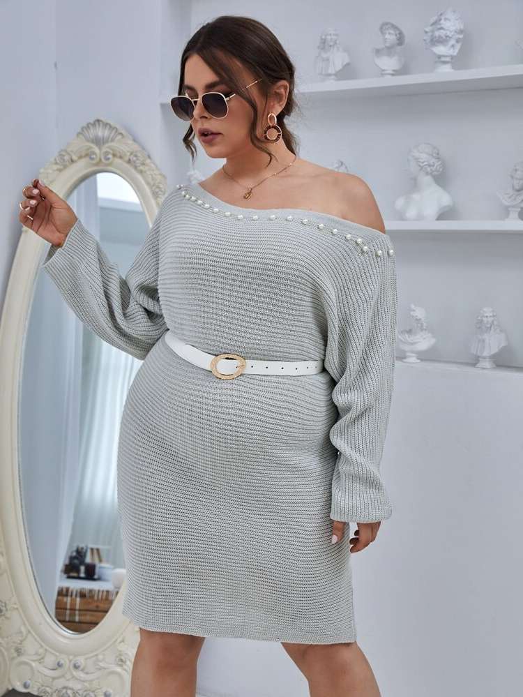  Light Grey Plain Asymmetrical Neck Plus Size Sweater Dresses 2533