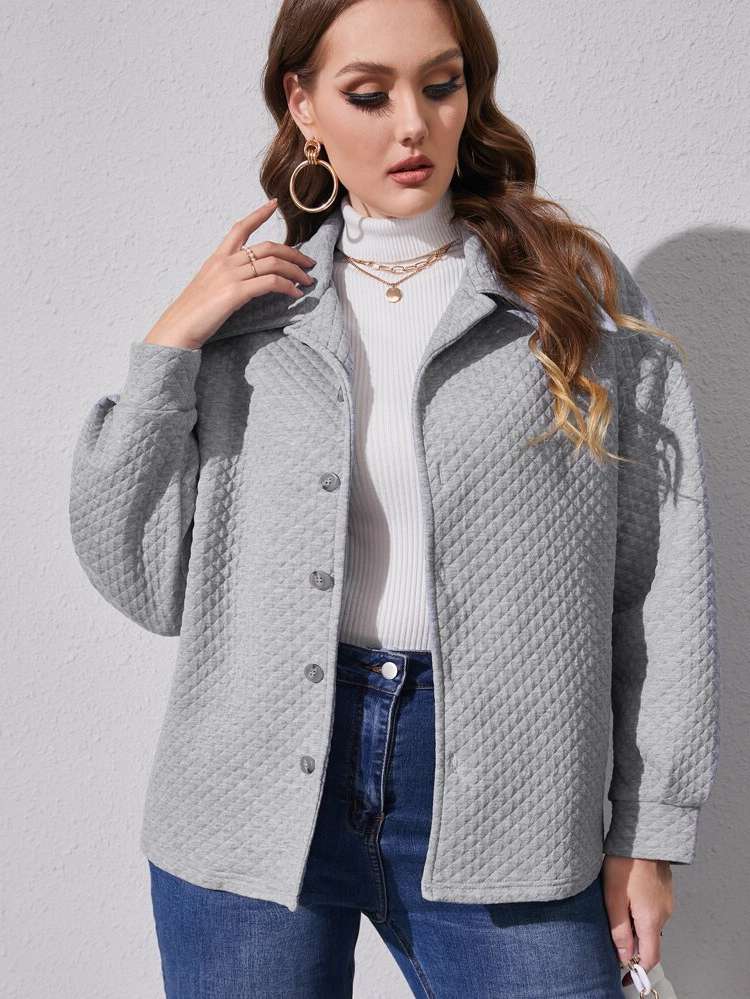 Collar Light Grey Plain Plus Size Outerwears 7712