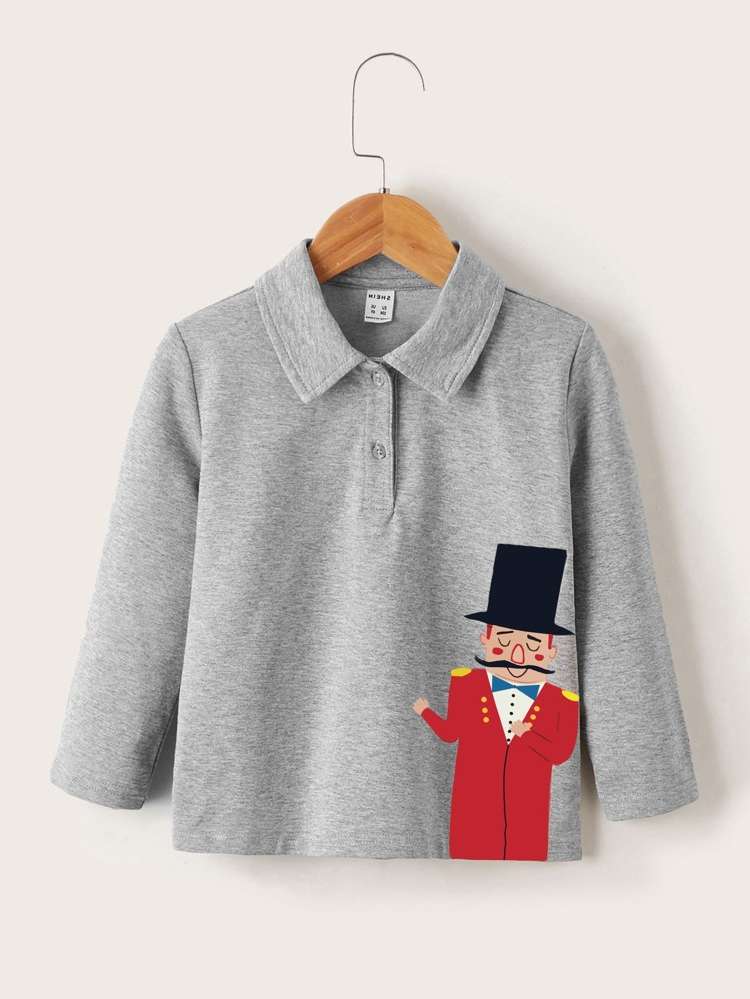 Light Grey Figure Long Sleeve Polo Toddler Boys Clothing 5673