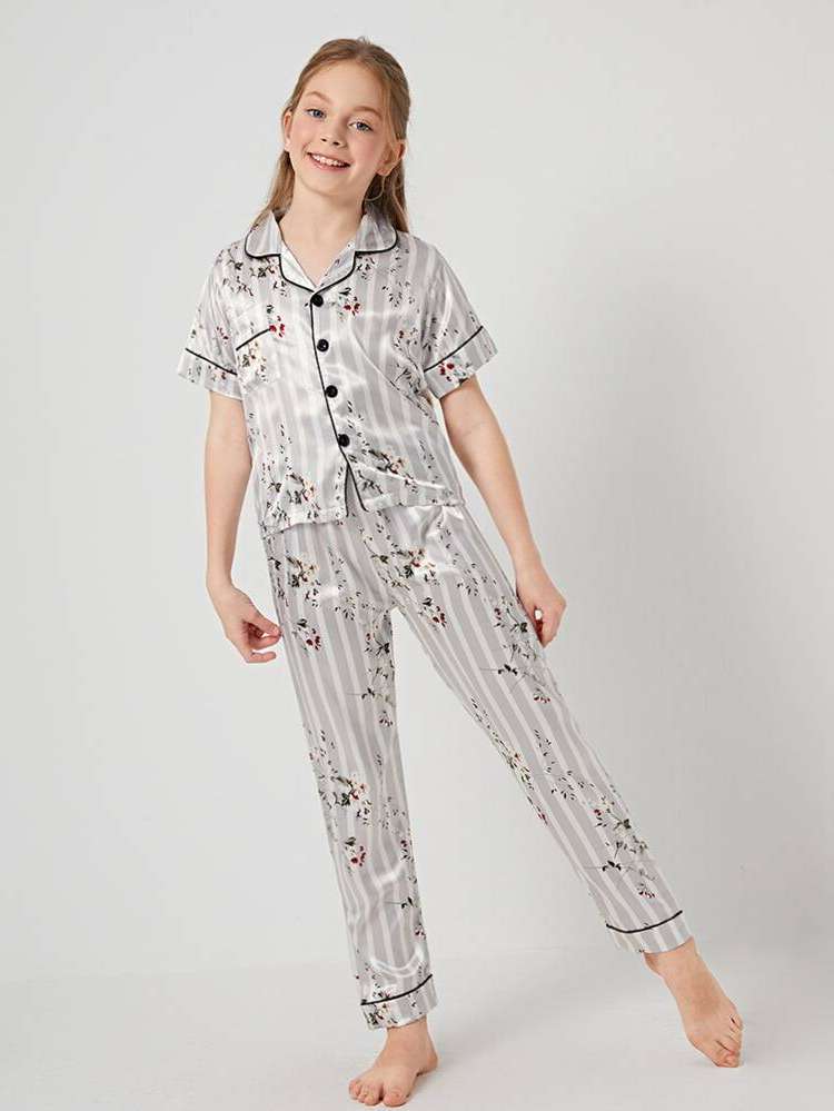 Lapel Floral Pocket Kids Underwear  Sleepwear 2590