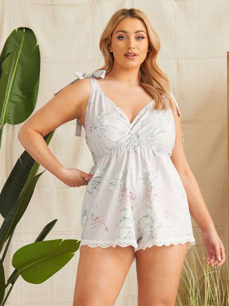 Casual Contrast Lace Sleeveless Plus Size Sleep Jumpsuits 9438