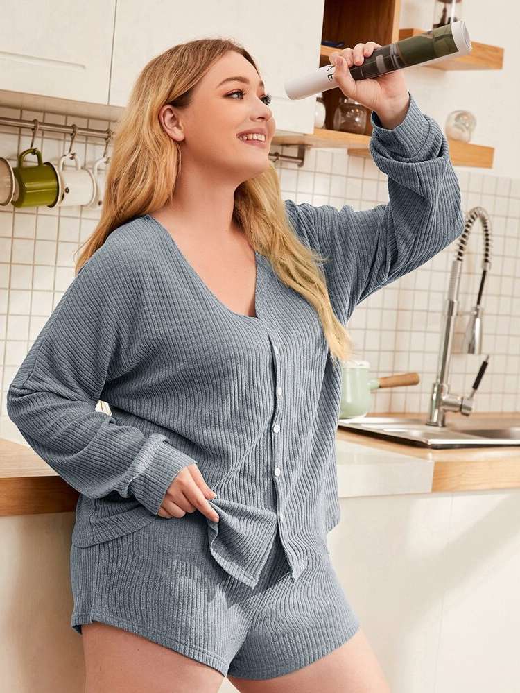 Light Grey Casual Plain Plus Size Pajama Sets 9991