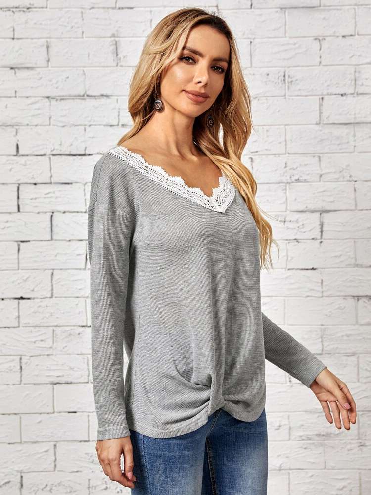 V neck Regular Fit Long Sleeve Regular Women T-Shirts 66